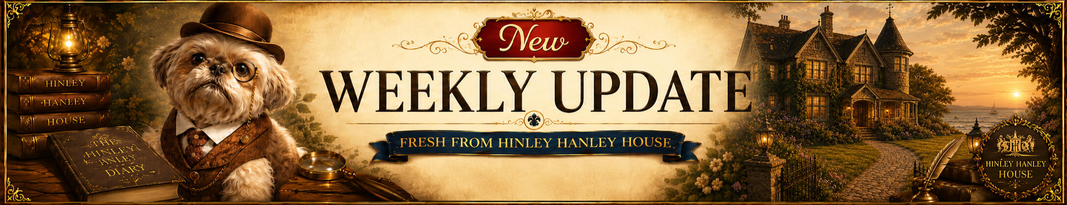 Weekly Update - For new weekly stories and canine caperings at Hinley Hanley House. Weekly Update - For new weekly stories and canine caperings at Hinley Hanley House.